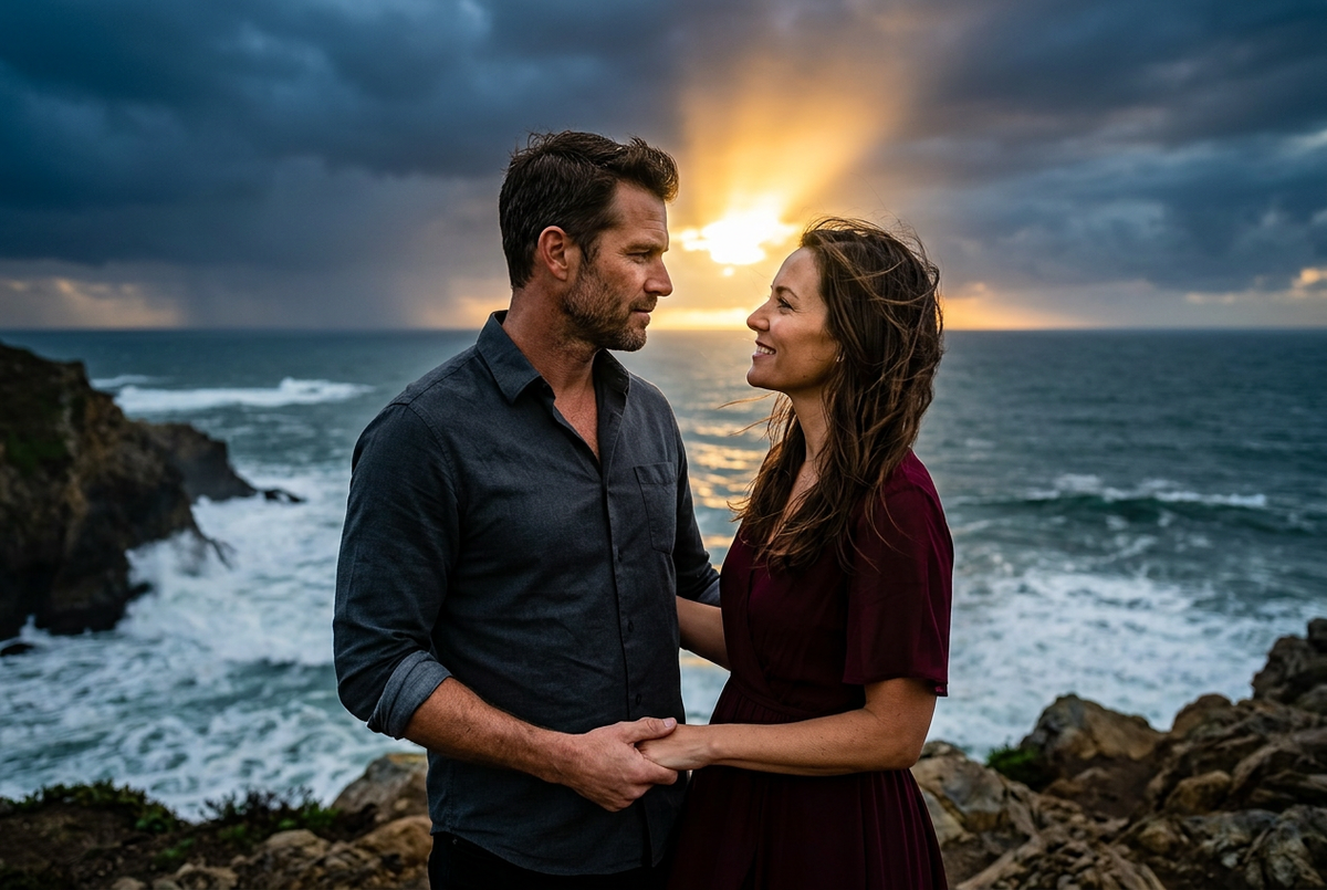 A man and woman share an intense gaze on a windswept coastline, illuminated by golden sunlight beneath storm clouds.