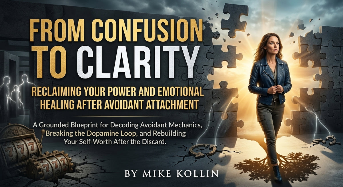 3D book mockup for From Confusion to Clarity: Reclaiming Your Power and Emotional Healing After Avoidant Attachment by Mike Kollin, displayed horizontally on a sleek background.