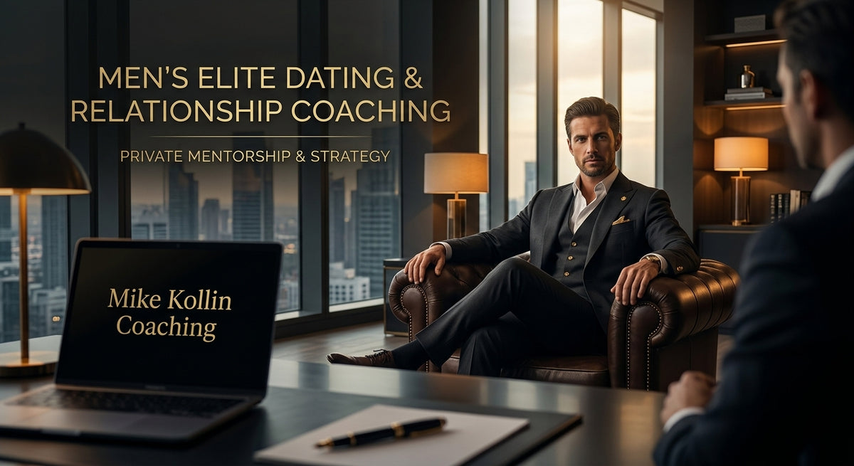 Men's Elite Dating & Relationship Coaching banner featuring private executive mentorship in a high-rise office by Mike Kollin. Gold text: Private Mentorship & Strategy.