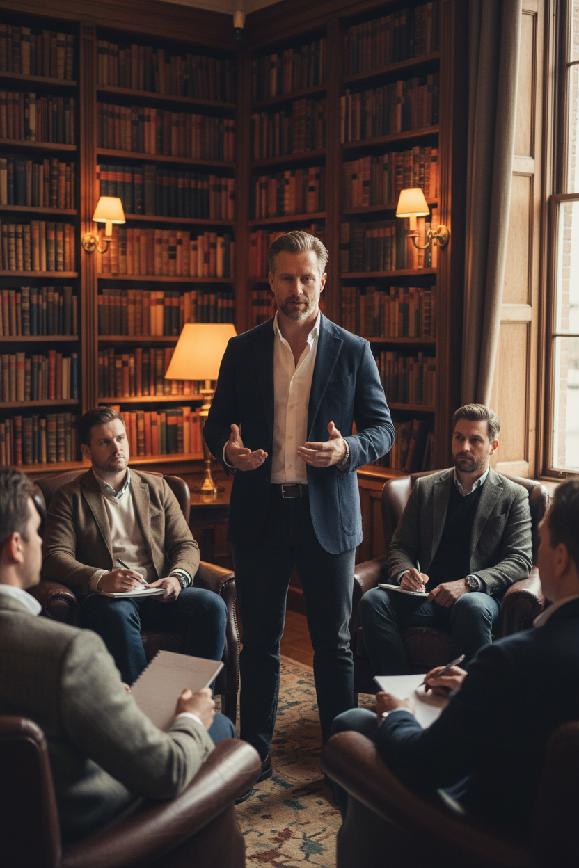 Intensive men's attraction workshop led by Mike Kollin in an exclusive library mastermind setting, focusing on subconscious dynamics and confidence.