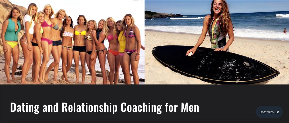 Elite Dating and Relationship Coach Mike Kollin | Crack the Female Code | 12 Beautiful Surfer girls on the left in bikinis on the Beach | 1 Surfer girl waxing her board on the right