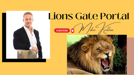Lion's Gate Portal is Open | Powerful Manifesting Energy | Yellow Back Ground with Image of Mike Kollin in black Dress Jacket and white dress shirt. Lions image to the right roaring!