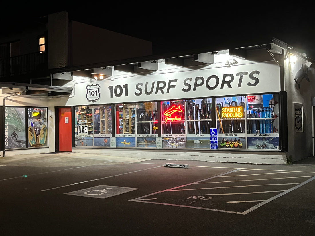 Dating and Relationship Coaching Vacation | 101 Surf Sports | Night Image of Surf Shop Store Front in San Rafael California