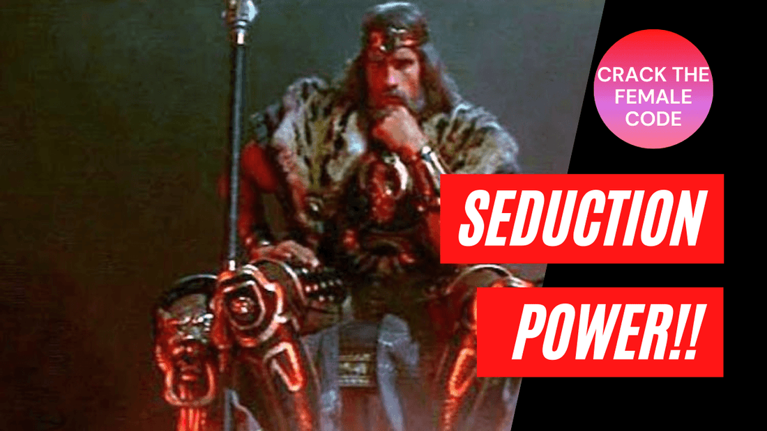 Step into your Power | Beyond Seduction Power | Arnold Schwarzenegger sitting on his Throne with his Spear and Metal Shin Guards from the Movie Conan the Barbarian
