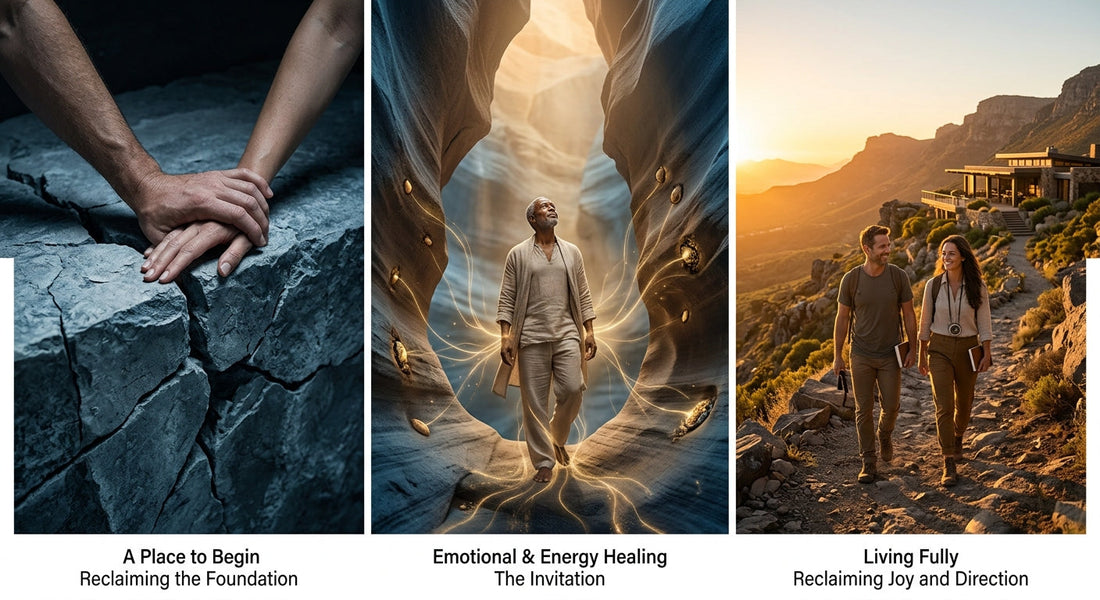 Three-panel image showing supportive hands on cracked stone, a man surrounded by golden light in a canyon, and a couple walking a sunlit mountain trail, symbolizing healing and moving forward.