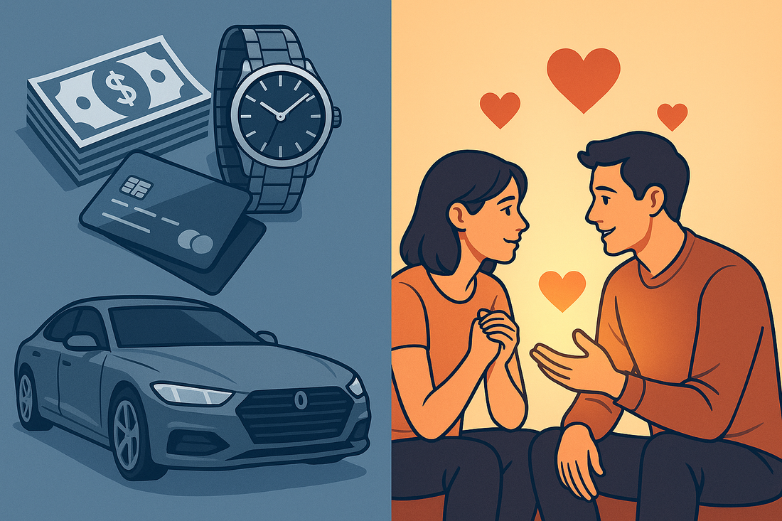 Illustration contrasting money and material items with emotional connection between a couple, showing that emotional fulfillment matters more than wealth