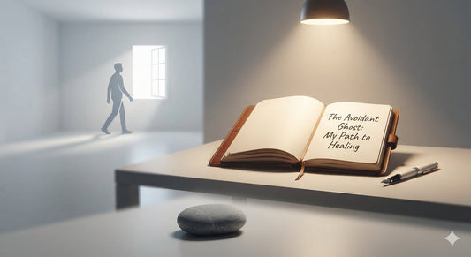 A silhouette of a person walking away toward a bright window, beside an open journal that reads "The Avoidant Ghost: My Path to Healing" — symbolizing closure, release, and emotional healing after being ghosted by an avoidant