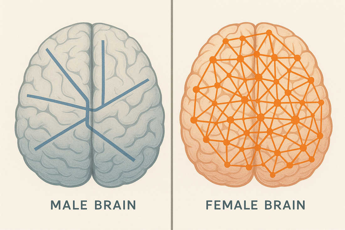 Illustration comparing linear male brain processing with straight pathways versus non-linear female brain processing with interconnected networks