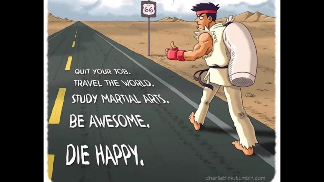 Martial artist cartoon character man all in white with black belt with white duffle back walking on desert road with thumb out hitch hiking | Quite your Job, Travel the World, Study Martial arts, Be Awesome, Die Happy