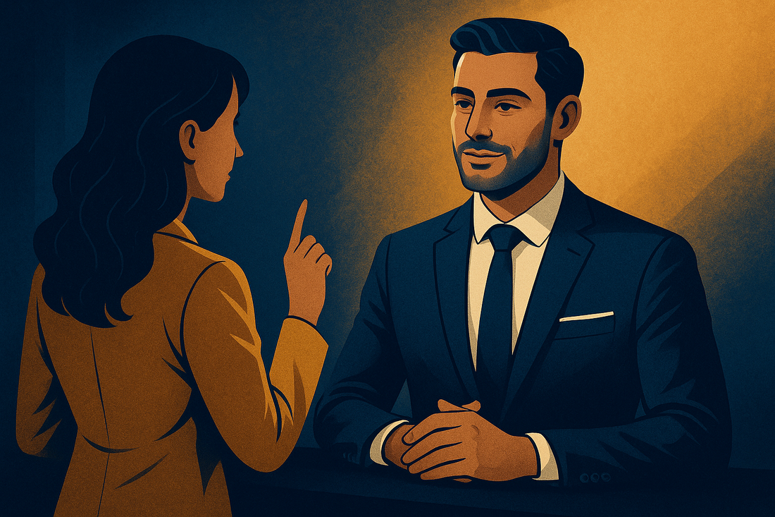 Professional blog header showing a confident man handling challenging situations with calm strength and emotional intelligence, representing the ability to pass women's tests through centered leadership