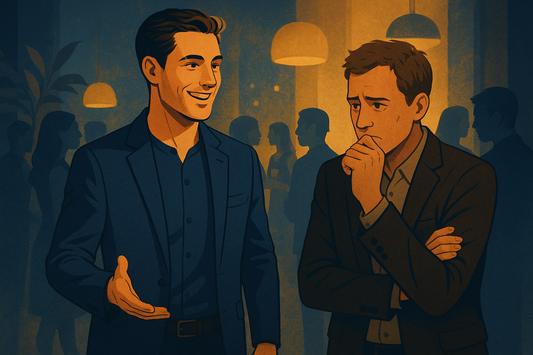 Professional blog header showing a confident man in a social setting with self-assured body language, contrasting confident approach energy versus desperate or needy behavior