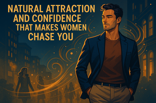 Professional blog header showing a confident, self-assured man who embodies purpose and emotional independence, representing natural attraction and the magnetic confidence that draws women without chasing or manipulation
