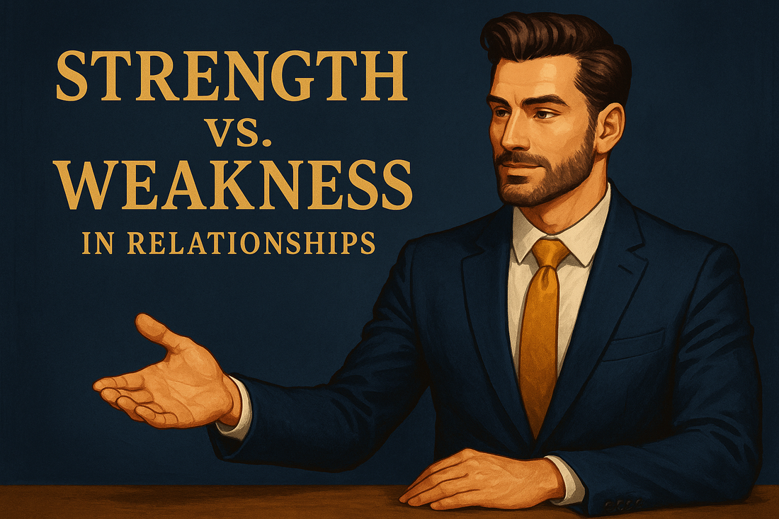 Professional blog header showing a confident, strong man embodying genuine kindness without weakness, contrasting strength-based kindness versus fear-based niceness in relationships