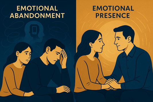 Professional blog header showing a man demonstrating emotional presence and connection in relationships, contrasting emotional abandonment with genuine emotional availability and care