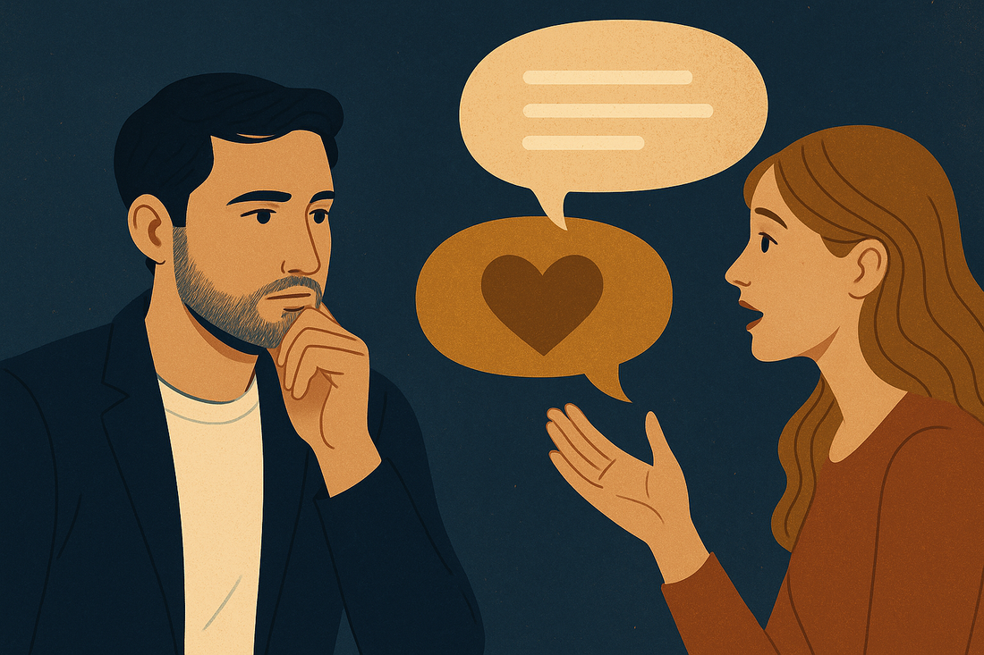 Professional blog header showing a thoughtful man listening intently with visual elements representing the decoding of women's emotional communication and understanding the deeper meaning beneath surface words