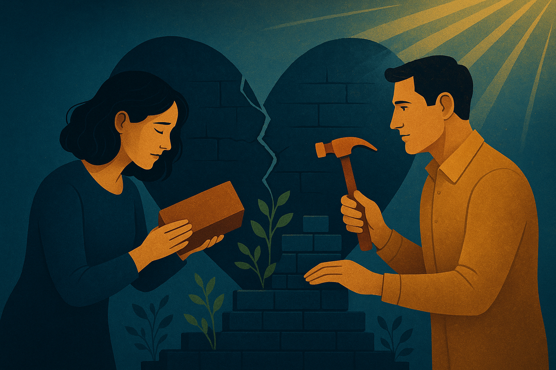 Professional blog header showing hope and rebuilding in marriage relationships, with visual elements representing the transformation from a broken marriage to a strong, rebuilt connection through emotional commitment and growth