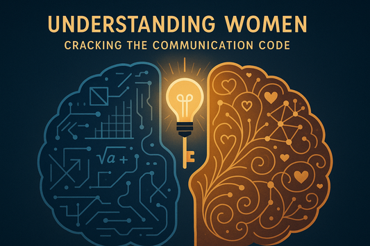 Professional blog header showing split-brain visualization with logical left brain patterns and emotional right brain networks, connected by a central lightbulb representing the breakthrough in understanding women