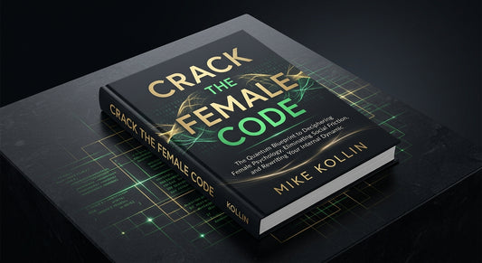 Crack The Female Code eBook cover by Mike Kollin featuring quantum code network artwork on dark obsidian finish with gold land electric green lettering