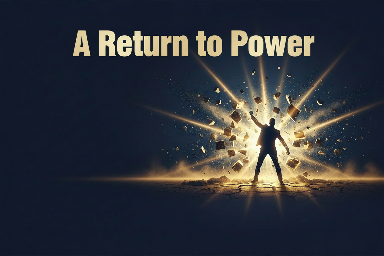 A Return to Power - breakthrough transformation with silhouette breaking through barriers into explosive light representing emotional healing and internal power