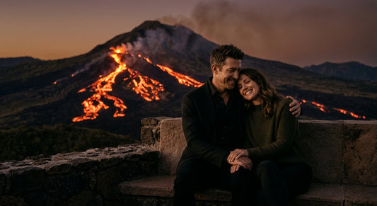 A relaxed, composed man in his late 30s or early 40s sitting on a stone ledge alongside a beautiful, smiling woman who is leaning in close with complete trust. They are set against a dark, dramatic evening volcanic mountain landscape with vivid rivers of orange and red lava glowing softly.