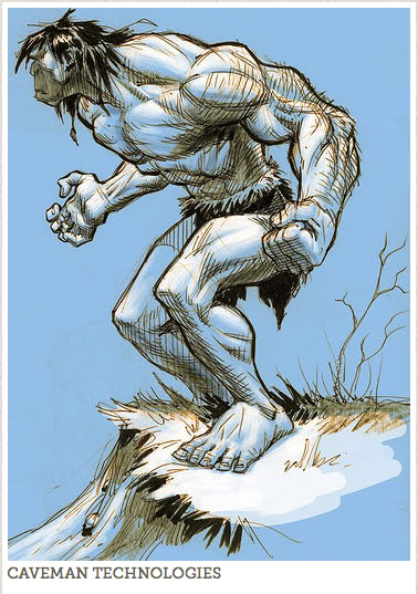 The Ultimate Caveman on the Tundra in a ice blue background standing on a tuft of grass.