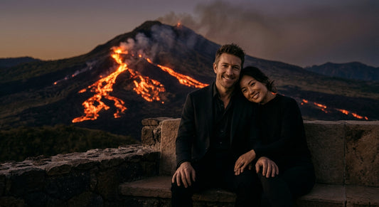 A relaxed, composed white man in his late 30s or early 40s sitting closely on a rustic stone ledge with a cute, loving Asian woman leaning on his shoulder with absolute trust. They are set against a dark evening volcanic mountain ridge with vibrant streams of glowing orange and red lava flow cutting through the darkness.