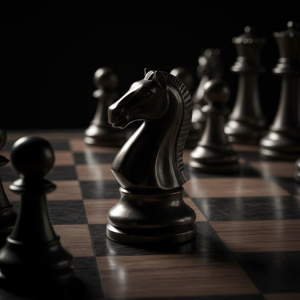 Dark cinematic chess knight piece representing subconscious strategy and mastery in Crack the Female Code by Mike Kollin.