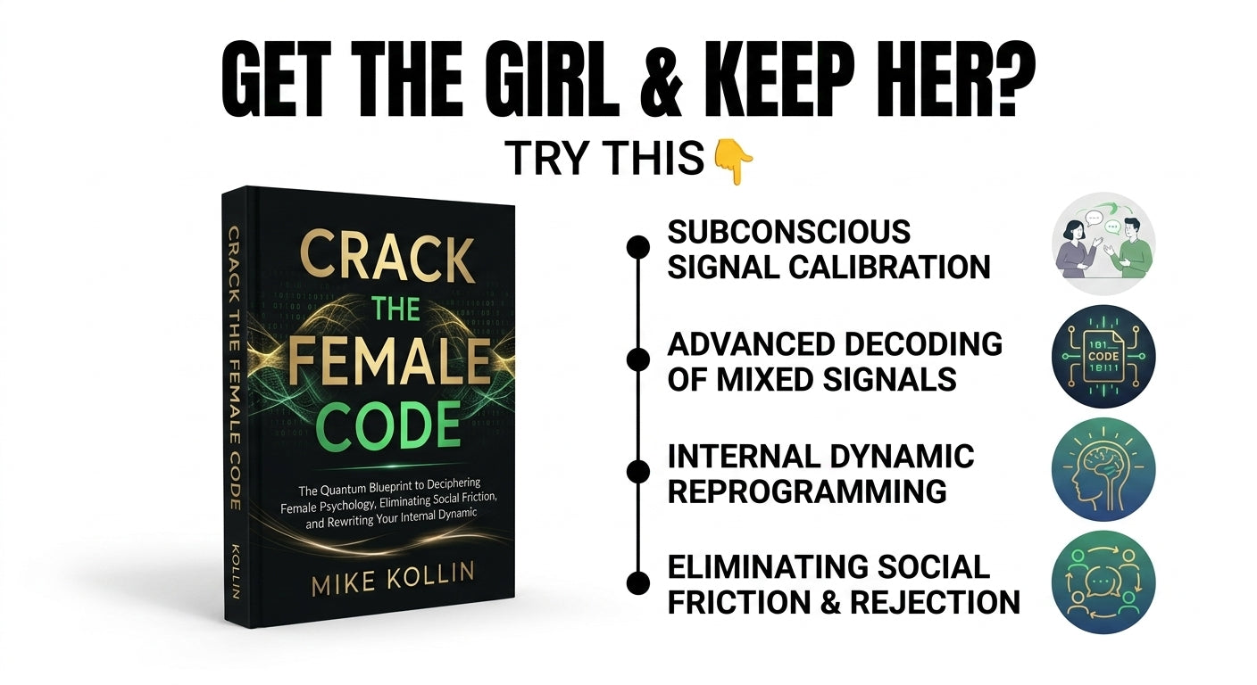 Infographic promo image for Crack the Female Code by Mike Kollin featuring the book cover on the left and core psychological benefits listed on the right.