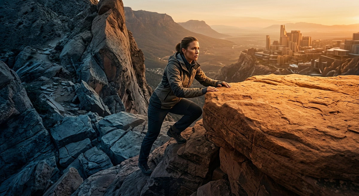 A cinematic photograph of a resilient woman climbing out of a dark, rugged rocky ravine up onto a sunlit plateau, moving from cool shadows toward a warm, golden horizon and a distant city skyline.
