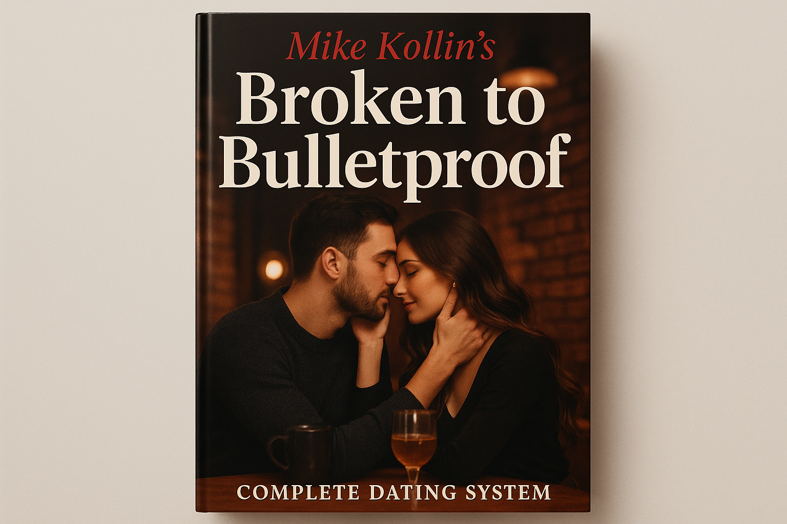 Mike Kollin's Broken to Bulletproof Complete Dating System - professional seduction coaching program cover with romantic couple in cafe
