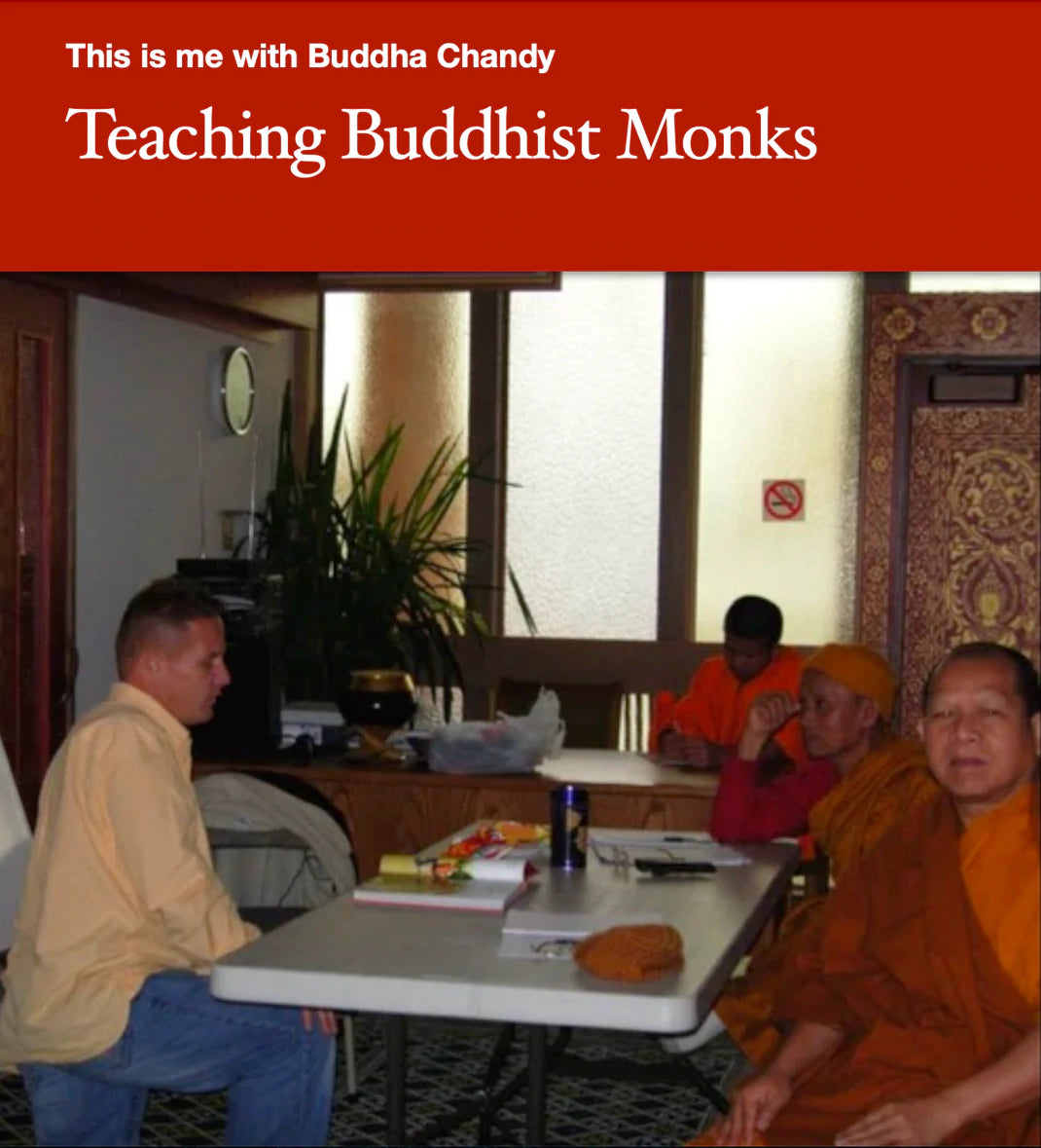 Mike Kollin teaching energy healing with Buddha Chandy and Buddhist monks at Richmond Temple - combining ancient wisdom with rapid problem-solving techniques