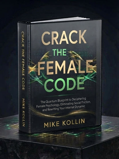 Physical training manual binder for Crack the Female Code by Mike Kollin featuring quantum blueprint design, gold and green text, and spine label.