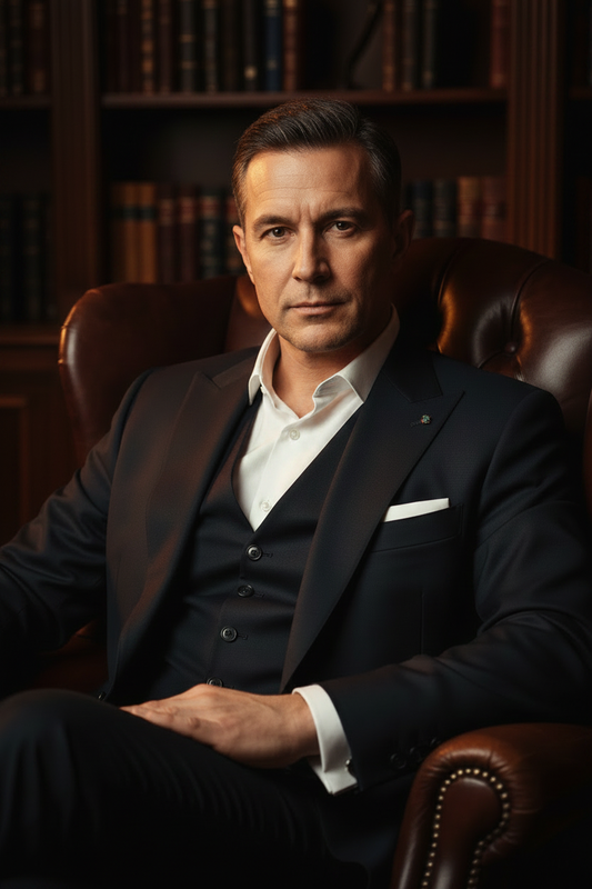 Autoritative man in a tailored suit representing Mike Kollin 1-on-1 private intensive coaching.