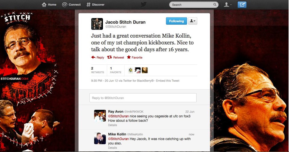 Jacob Stitch Duran tweet confirming Mike Kollin as champion fighter - #1 cut man in combat sports validates Mike's championship credentials