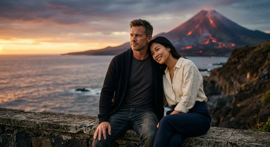 A relaxed, composed white man in his late 30s and a beautiful young Asian woman in her mid-20s sitting closely on a stone ledge at twilight. She is smiling radiantly and leaning comfortably against him with absolute trust, set against a dramatic, dark evening volcanic background with vivid streams of glowing red and orange lava flow.
