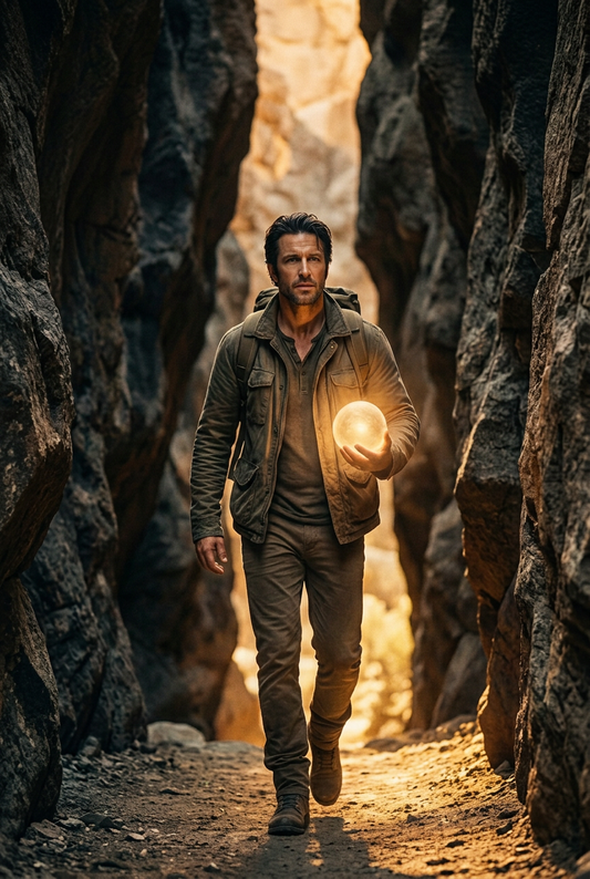 Standalone middle panel of a man holding a glowing ball of light