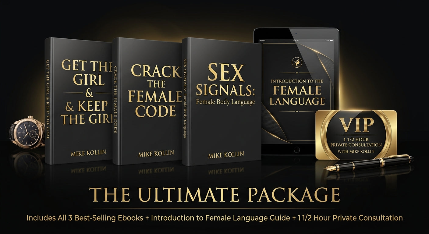 The Ultimate Package by Mike Kollin, featuring three ebooks (Crack the Female Code, Sex Signals, Get the Girl & Keep the Girl), a digital tablet guide (Introduction to the Female Language), and a VIP Private Consultation access card. Dark luxury aesthetic with gold text on obsidian.