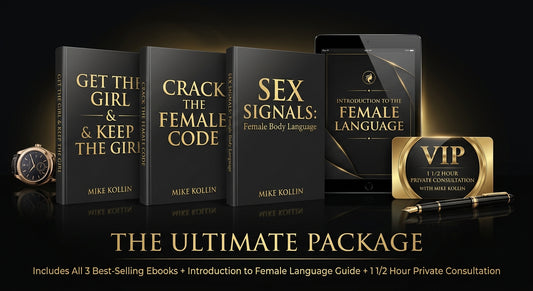 The Ultimate Package by Mike Kollin, featuring three ebooks (Crack the Female Code, Sex Signals, Get the Girl & Keep the Girl), a digital tablet guide (Introduction to the Female Language), and a VIP Private Consultation access card. Dark luxury aesthetic with gold text on obsidian.