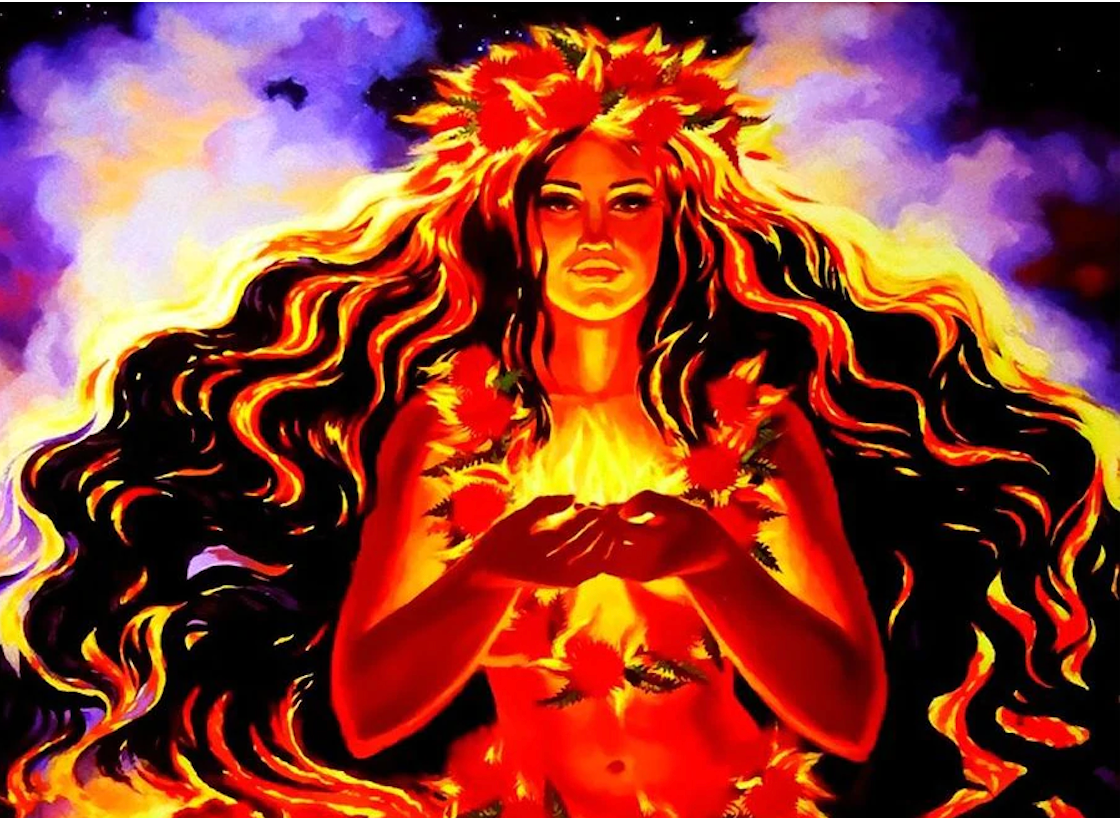 Huna Hawaiian Energy Healing | Pele the Hawaiian Goddess of Fire in a Fiery Orange and Yellow color with long, thick Hawaiin Hair and a Crown of Beautiful Flowers on Fire holding Lava Fire in her Hands